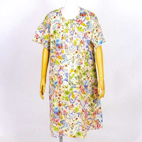 【セール】ネグリジェ TUNIC 80ローンサッカー・ハワイアン ベージュ 半袖半開ネグリジェ フリーサイズ SSS-56013-A