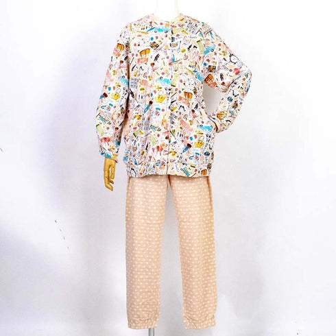 パジャマ TUNIC 40接結・パリ 丸首全開トレーナーパジャマ ベージュ フリーサイズ 26362-A