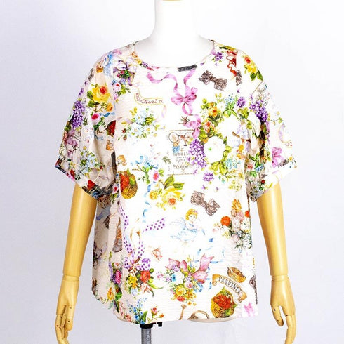 ブラウス TUNIC 80ローンパフサッカー・リボンエンジェル 5分袖ブラウスTシャツ オフ フリーサイズ 6327-A