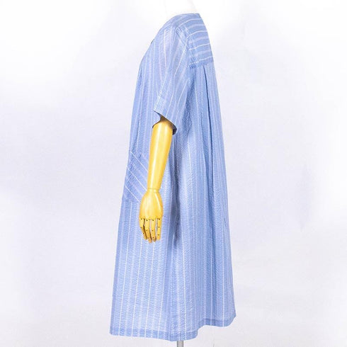 【セール】ワンピース TUNIC ワンピースコレクション ミラクルウェーブ ストライプ 6分袖半開ワンピース フリーサイズ  ブルー SSS-56751-A