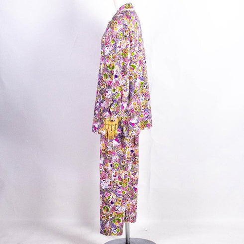 パジャマ TUNIC 60接結・小花メルヘン 襟付全開パジャマ パープル フリーサイズ 29327-B