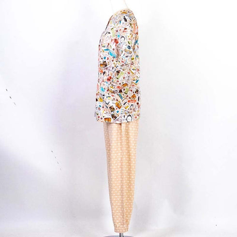 パジャマ TUNIC 40接結・パリ 丸首全開トレーナーパジャマ ベージュ フリーサイズ 26362-A