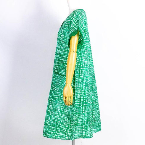 ワンピース TUNIC ワンピースコレクション ミラクルウェーブ格子 フレンチ半開ワンピース ブルー フリーサイズ 56756-B