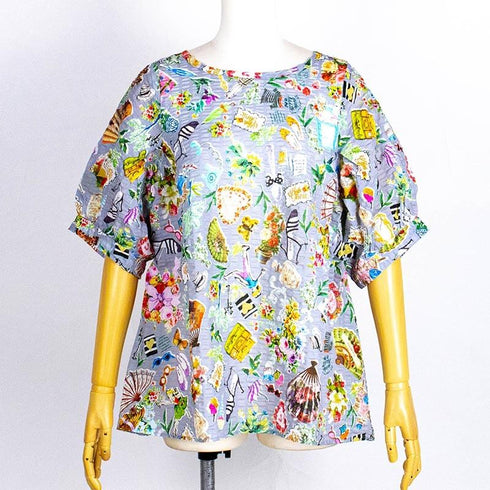 ブラウス TUNIC 80ローンパフサッカー・タウンウォーク 5分袖ブラウスTシャツ グレー フリーサイズ 6328-C