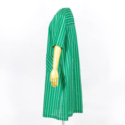 【セール】ワンピース TUNIC ワンピースコレクション ミラクルウェーブ ストライプ 6分袖半開ワンピース フリーサイズ  グリーン SSS-56013-B
