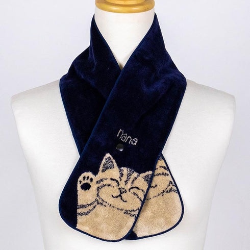 マフラー 横浜ナナ 湘南ナナ  NANA ボタン付きナロータオルマフラー バンザイネコ柄 紺ベージュ nn-tmf6-F