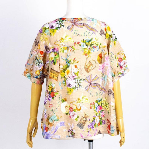 ブラウス TUNIC 80ローンパフサッカー・リボンエンジェル 5分袖ブラウスTシャツ ベージュ フリーサイズ 6327-B