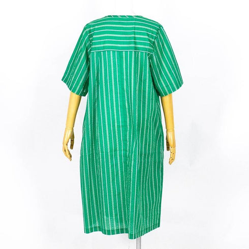 【セール】ワンピース TUNIC ワンピースコレクション ミラクルウェーブ ストライプ 6分袖半開ワンピース フリーサイズ  グリーン SSS-56013-B