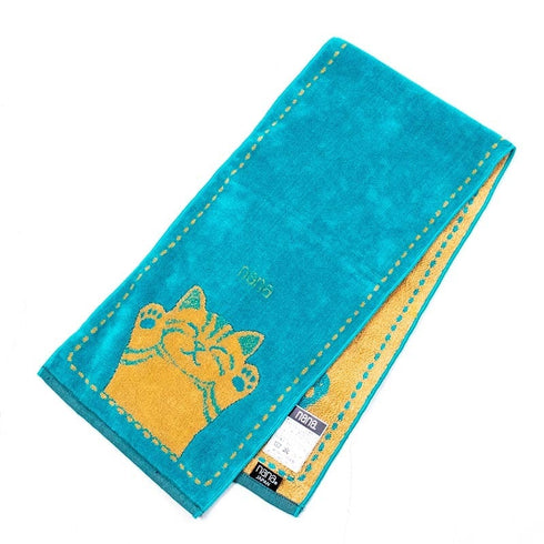 タオル 横浜ナナ 湘南ナナ NANA フェイスタオル ハーフ バンザイネコ柄 ターコイズブルーベージュ nn-fth17-H