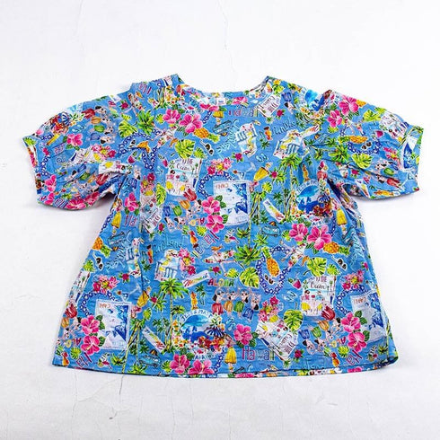 ブラウス TUNIC 80ローンサッカー・ハワイアン 5分袖ブラウスTシャツ ブルー フリーサイズ 6654-C