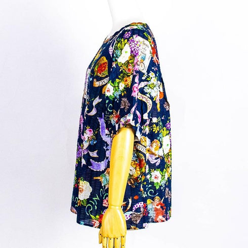 ブラウス TUNIC 80ローンパフサッカー・リボンエンジェル 5分袖ブラウスTシャツ 紺 フリーサイズ 6327-C