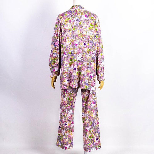 パジャマ TUNIC 60接結・小花メルヘン 襟付全開パジャマ パープル フリーサイズ 29327-B