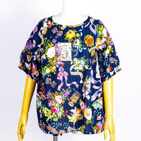 ブラウス TUNIC 80ローンパフサッカー・リボンエンジェル 5分袖ブラウスTシャツ 紺 フリーサイズ 6327-C