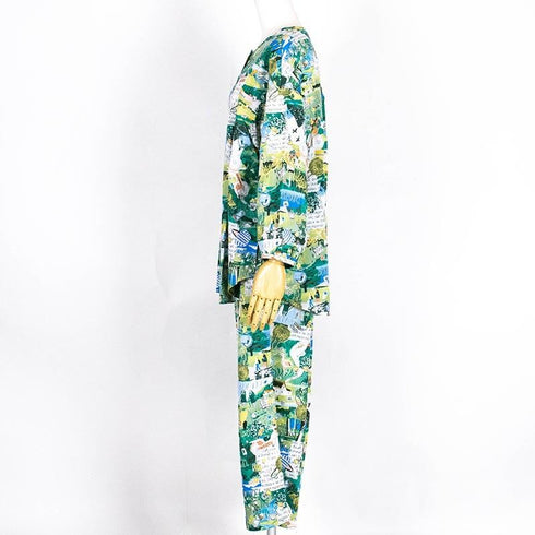 【セール】パジャマ TUNIC 楊柳・アートな森の旅 長袖全開パジャマ フリーサイズ カーキ AWS-26105-C