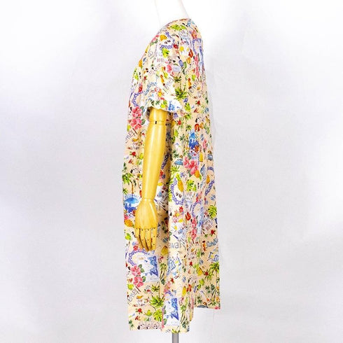 【セール】ネグリジェ TUNIC 80ローンサッカー・ハワイアン ベージュ 半袖半開ネグリジェ フリーサイズ SSS-56013-A