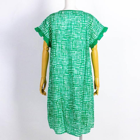 ワンピース TUNIC ワンピースコレクション ミラクルウェーブ格子 フレンチ半開ワンピース ブルー フリーサイズ 56756-B