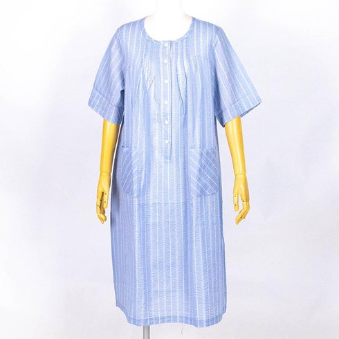 【セール】ワンピース TUNIC ワンピースコレクション ミラクルウェーブ ストライプ 6分袖半開ワンピース フリーサイズ  ブルー SSS-56751-A