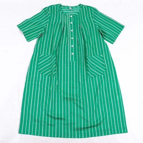 【セール】ワンピース TUNIC ワンピースコレクション ミラクルウェーブ ストライプ 6分袖半開ワンピース フリーサイズ  グリーン SSS-56013-B