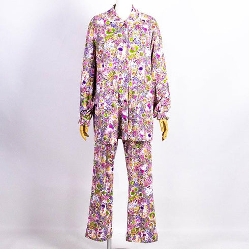 パジャマ TUNIC 60接結・小花メルヘン 襟付全開パジャマ パープル フリーサイズ 29327-B