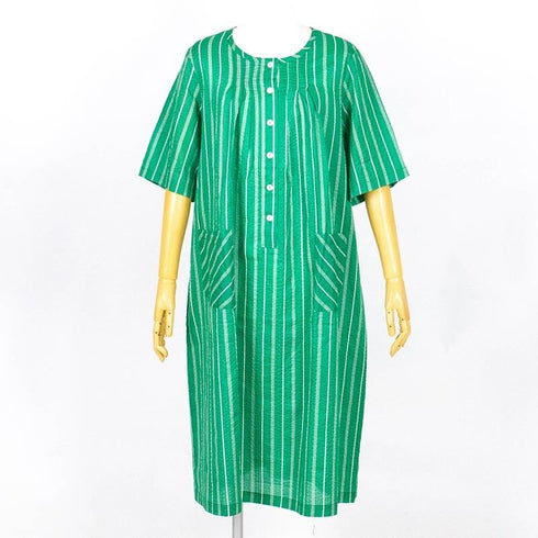 【セール】ワンピース TUNIC ワンピースコレクション ミラクルウェーブ ストライプ 6分袖半開ワンピース フリーサイズ  グリーン SSS-56013-B