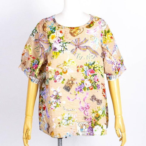 ブラウス TUNIC 80ローンパフサッカー・リボンエンジェル 5分袖ブラウスTシャツ ベージュ フリーサイズ 6327-B