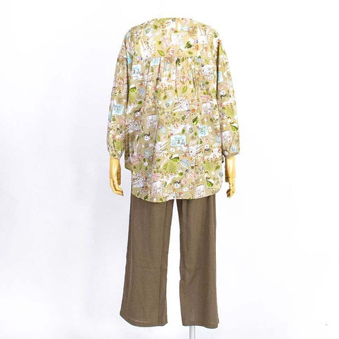 【セール】パジャマ TUNIC ボイル楊柳・カントリー 9分袖全開パジャマ カーキ フリーサイズ SSS-26186-B