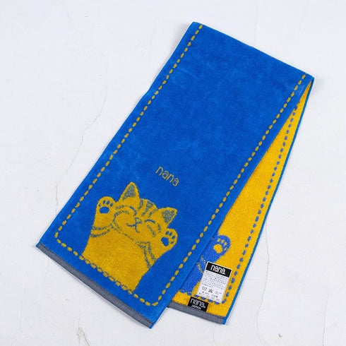 タオル 横浜ナナ 湘南ナナ NANA フェイスタオル ハーフ バンザイネコ柄 ブルーイエロー nn-fth17-G