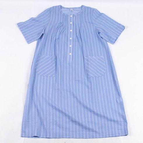 【セール】ワンピース TUNIC ワンピースコレクション ミラクルウェーブ ストライプ 6分袖半開ワンピース フリーサイズ  ブルー SSS-56751-A