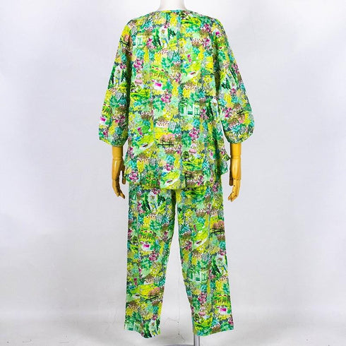 パジャマ TUNIC 80ローンサッカー・ガーデン小花 7分袖全開パジャマ エメラルド フリーサイズ 26087-B