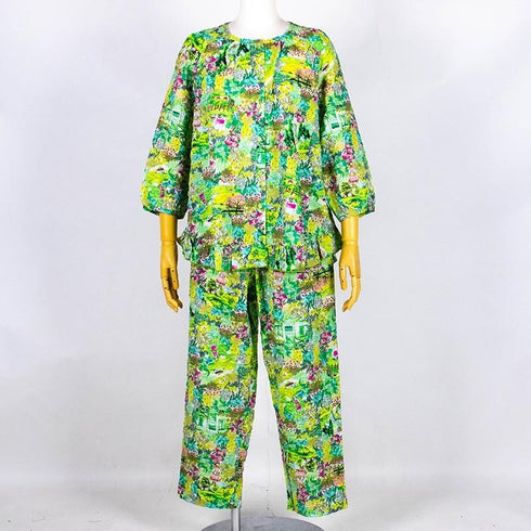 パジャマ TUNIC 80ローンサッカー・ガーデン小花 7分袖全開パジャマ エメラルド フリーサイズ 26087-B