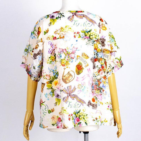 ブラウス TUNIC 80ローンパフサッカー・リボンエンジェル 5分袖ブラウスTシャツ オフ フリーサイズ 6327-A