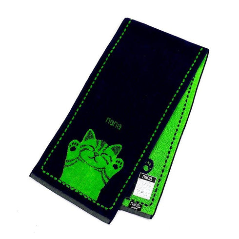 タオル 横浜ナナ 湘南ナナ NANA フェイスタオル ハーフ バンザイネコ柄 紺ライトグリーン nn-fth17-L