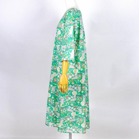 【セール】ワンピース TUNIC ワンピースコレクション 60ローン 鳥と花 7分袖Vネックワンピース フリーサイズ SSS-43655-A