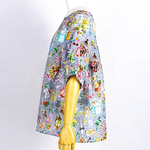 ブラウス TUNIC 80ローンパフサッカー・タウンウォーク 5分袖ブラウスTシャツ グレー フリーサイズ 6328-C