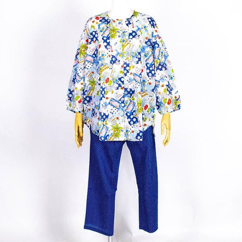 【セール】パジャマ TUNIC 80シルキーローンサッカー・水玉パーム 長袖全開パジャマ フリーサイズ ブルー AWS-26090-A
