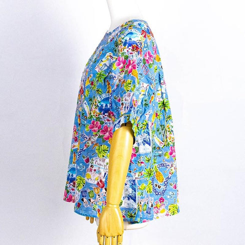 ブラウス TUNIC 80ローンサッカー・ハワイアン 5分袖ブラウスTシャツ ブルー フリーサイズ 6654-C