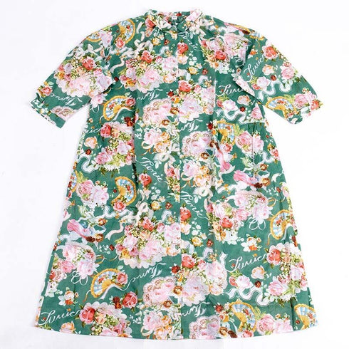 ネグリジェ TUNIC 80ローン・バラ天使 7分袖全開ネグリジェ グリーン 49154-C