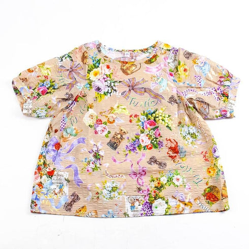 ブラウス TUNIC 80ローンパフサッカー・リボンエンジェル 5分袖ブラウスTシャツ ベージュ フリーサイズ 6327-B