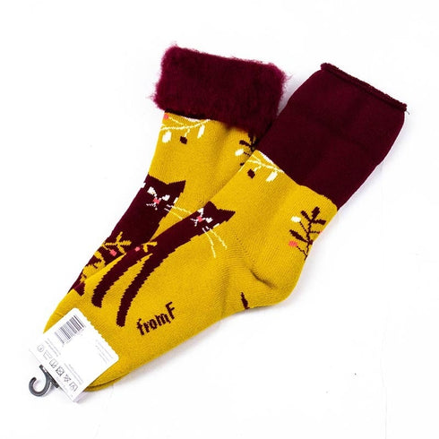 ソックス fromF モコモコソックス ネコ アッシュイエロー サイズM 36-38 (22.5ー25cm)TV080MAYL