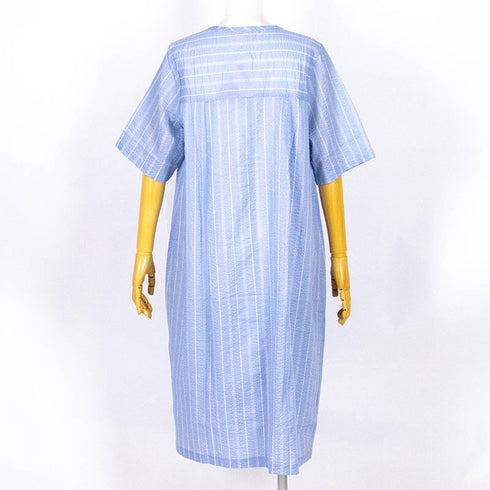 【セール】ワンピース TUNIC ワンピースコレクション ミラクルウェーブ ストライプ 6分袖半開ワンピース フリーサイズ  ブルー SSS-56751-A