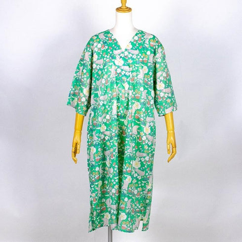 【セール】ワンピース TUNIC ワンピースコレクション 60ローン 鳥と花 7分袖Vネックワンピース フリーサイズ SSS-43655-A