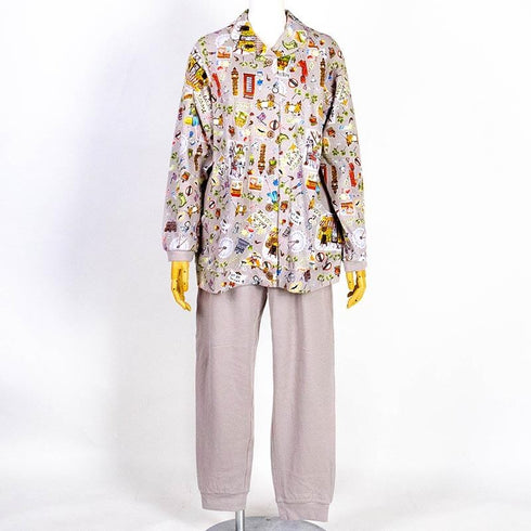 【セール】パジャマ TUNIC 40接結・レトロモノトン 襟付全開トレーナーパジャマ フリーサイズ グレー杢 AWS-29340-A