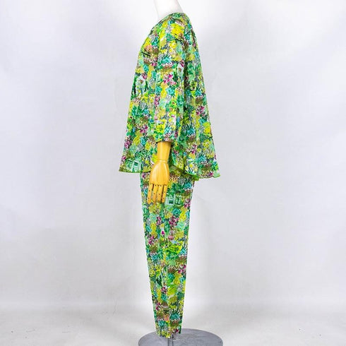 パジャマ TUNIC 80ローンサッカー・ガーデン小花 7分袖全開パジャマ エメラルド フリーサイズ 26087-B