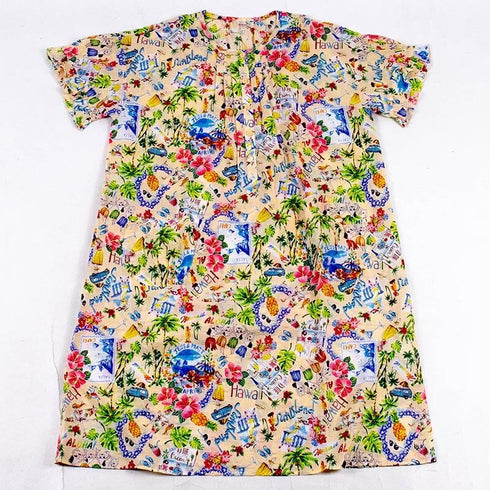 【セール】ネグリジェ TUNIC 80ローンサッカー・ハワイアン ベージュ 半袖半開ネグリジェ フリーサイズ SSS-56013-A