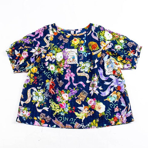 ブラウス TUNIC 80ローンパフサッカー・リボンエンジェル 5分袖ブラウスTシャツ 紺 フリーサイズ 6327-C